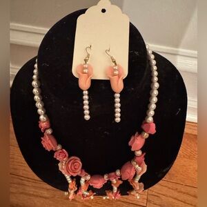 Handmade Pink flower and pearl necklace and pink tulip dangle earrings